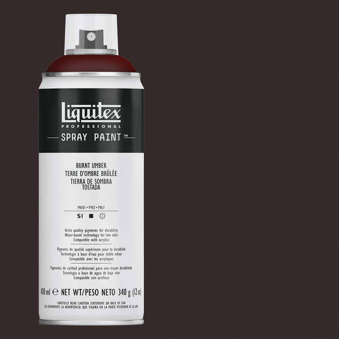 Open in modal - Liquitex Professional Spray Paint - Burnt Umber, 400 ml can and swatch