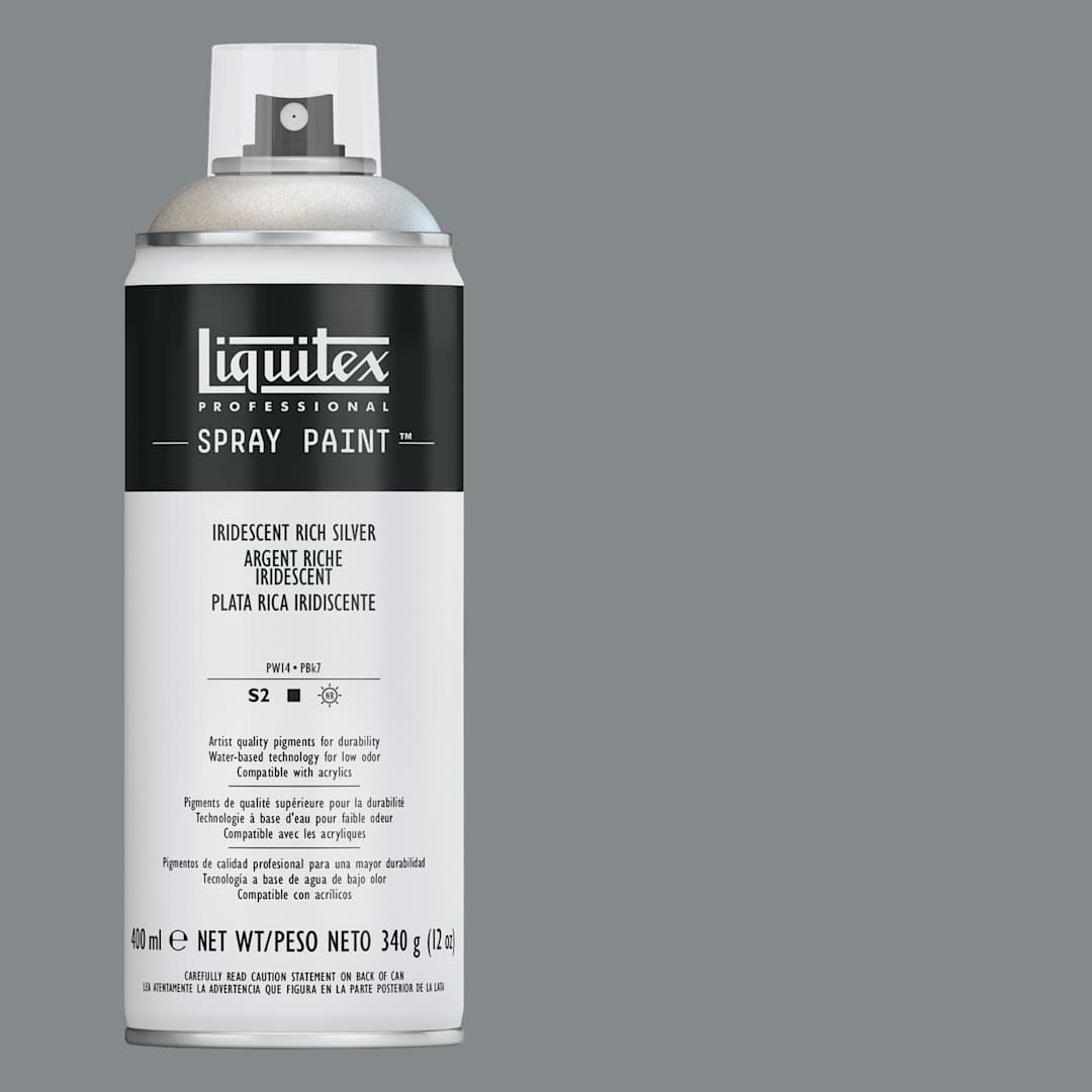 Open in modal - Liquitex Professional Spray Paint - Iridescent Rich Silver, 400 ml can and swatch
