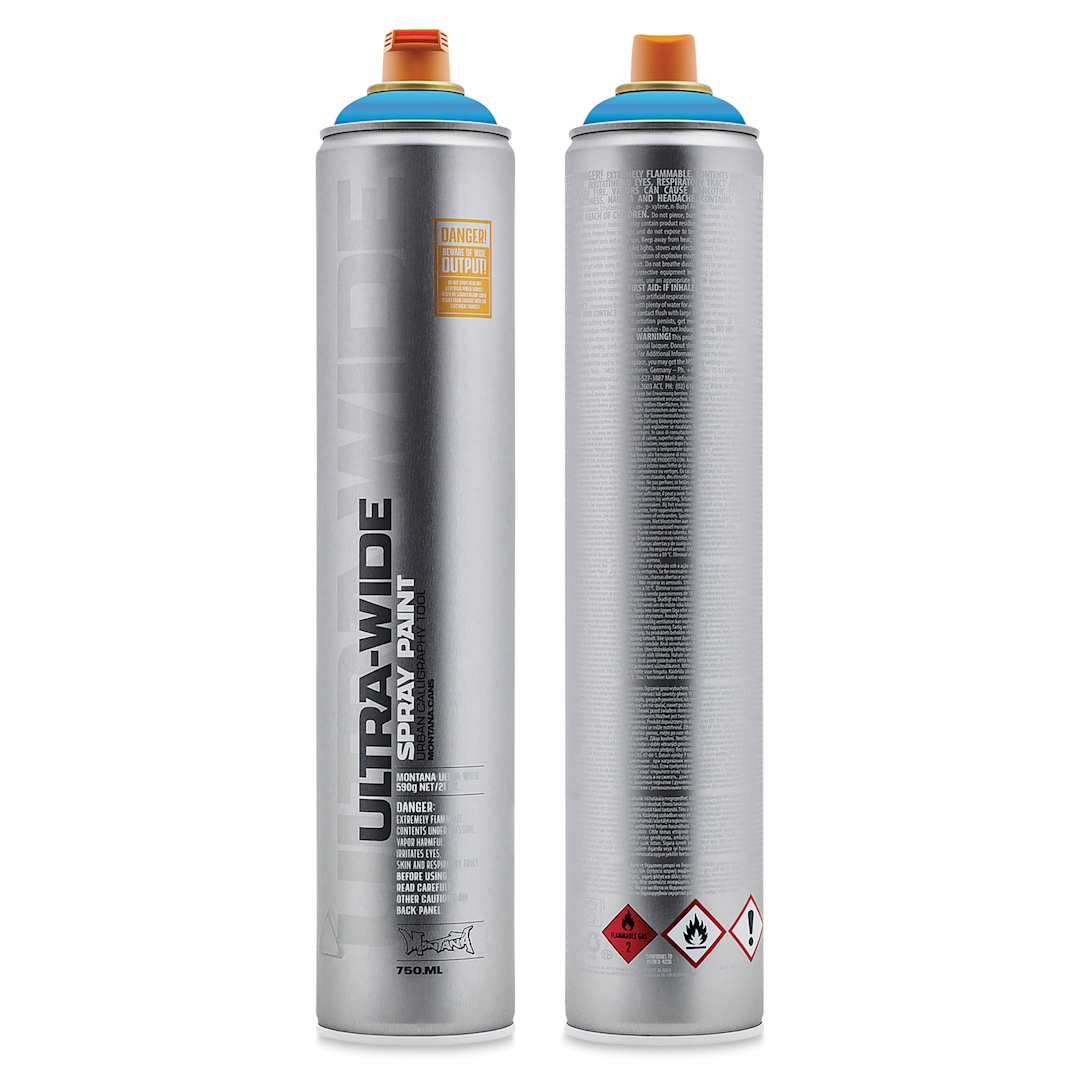 Open in modal - Montana Ultra Wide Spray Paint - Light Blue, 750 ml (Front and back of can)