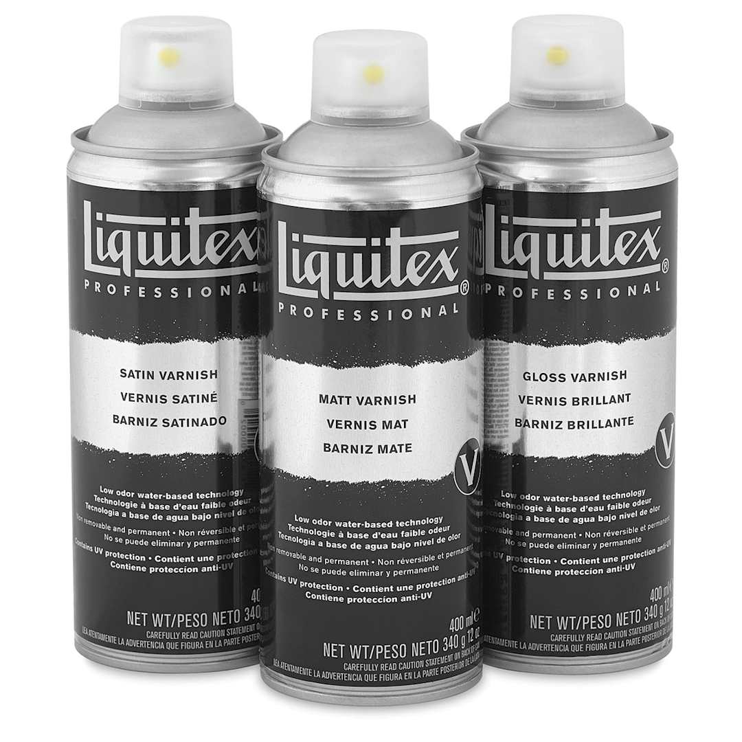 Open in modal - Liquitex Spray Varnishes - Gloss, Matt, and Satin cans shown