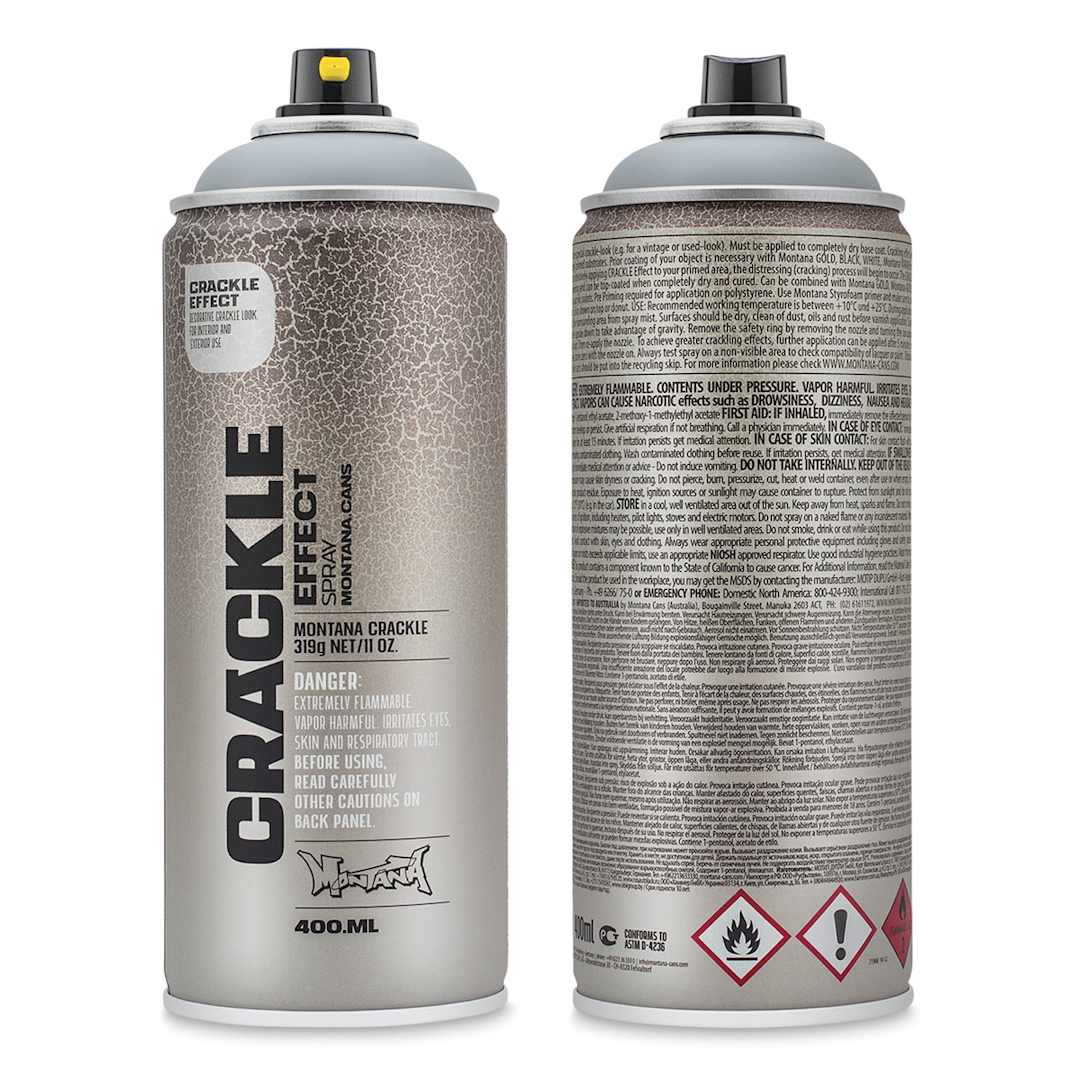 Open in modal - Montana Crackle Effect Spray - 2 11 oz cans of Squirrel Grey showing front and back