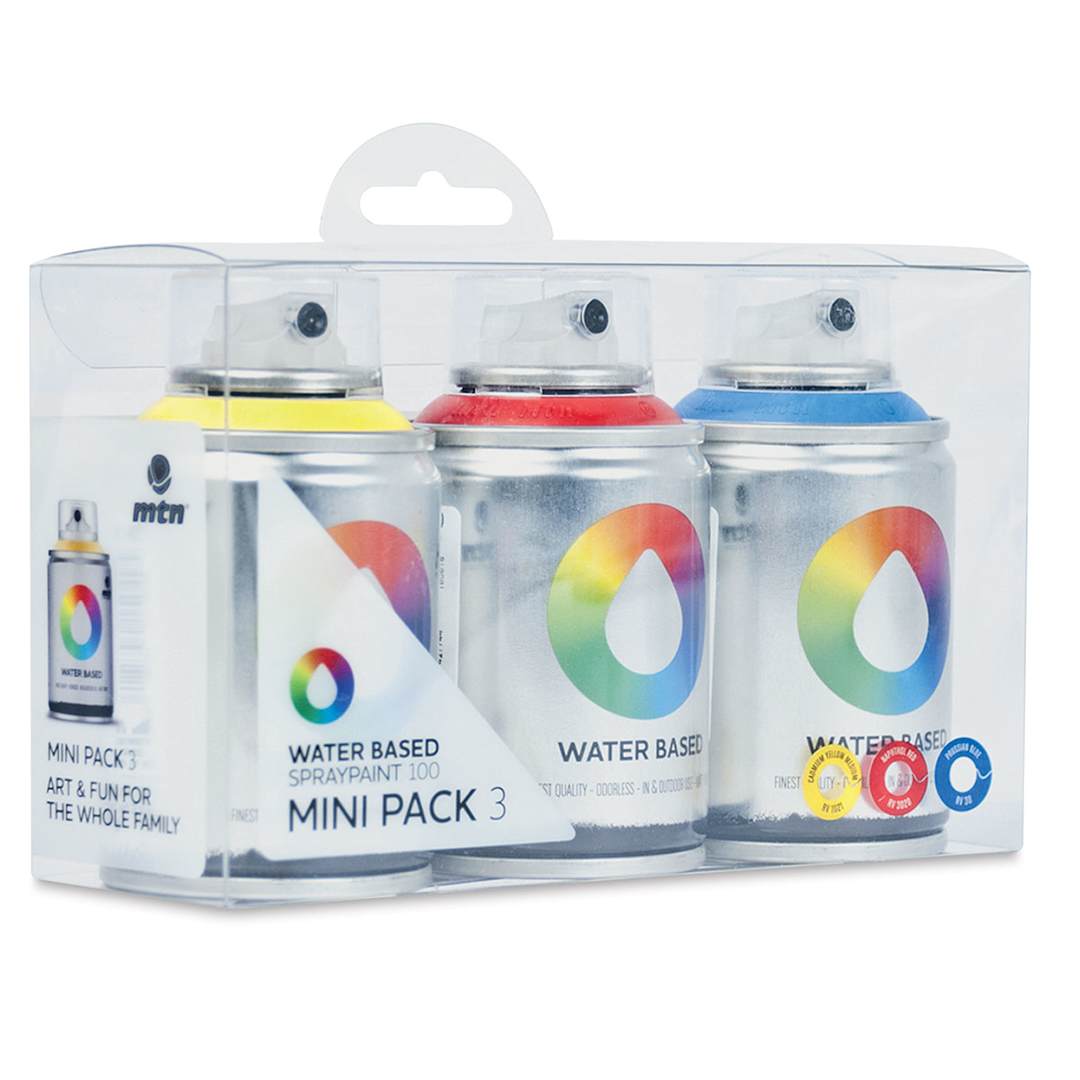 Open in modal - MTN Water Based Spray Paint - Front of Red, Blue, and Yellow Package