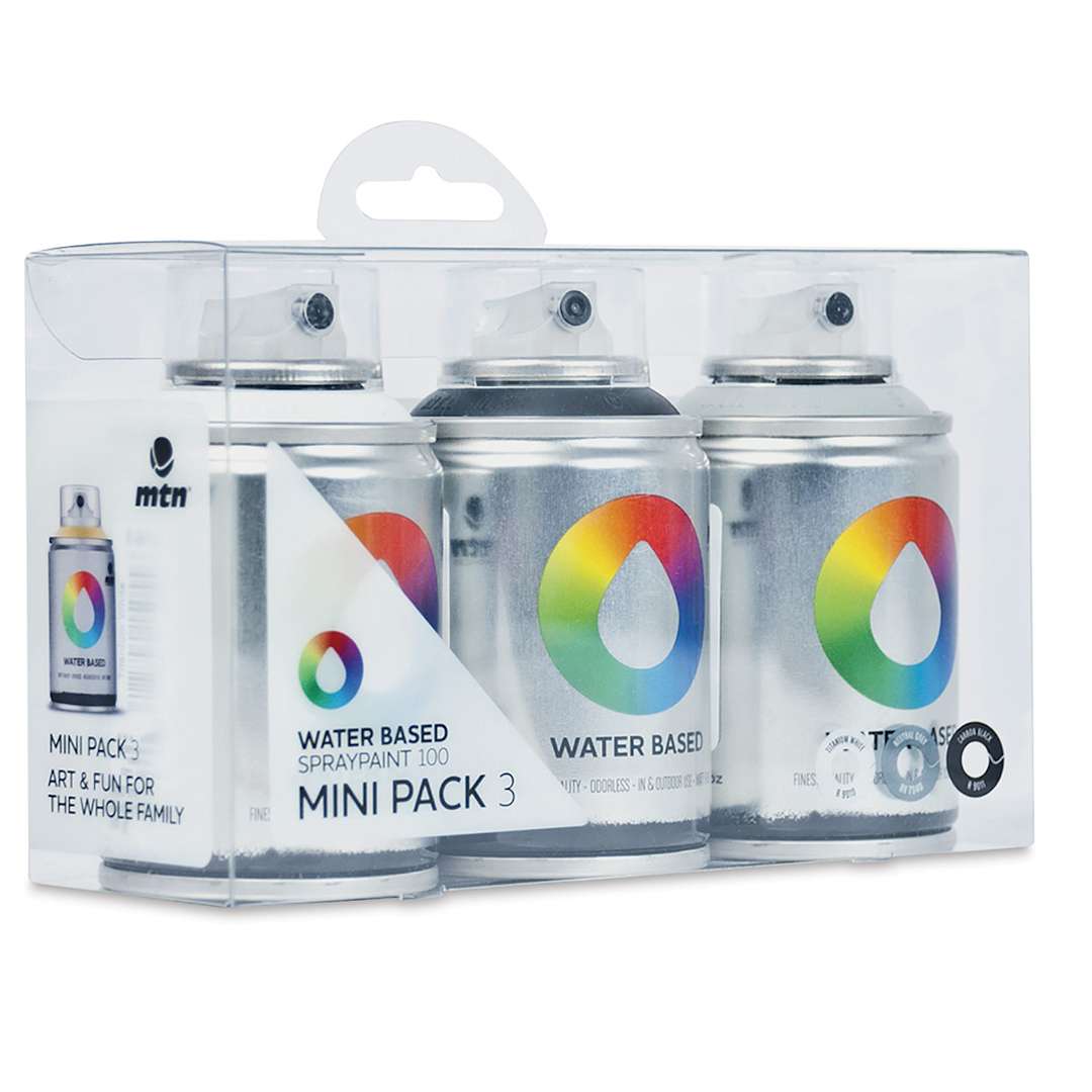 Open in modal - MTN Water Based Spray Paint - Front of Black,White, and Gray Package