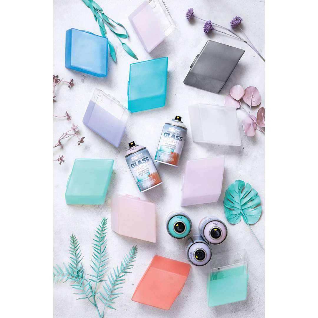 Open in modal - Montana Glass Spray Paints (Sample spray painted decorative glass shown with spray cans)