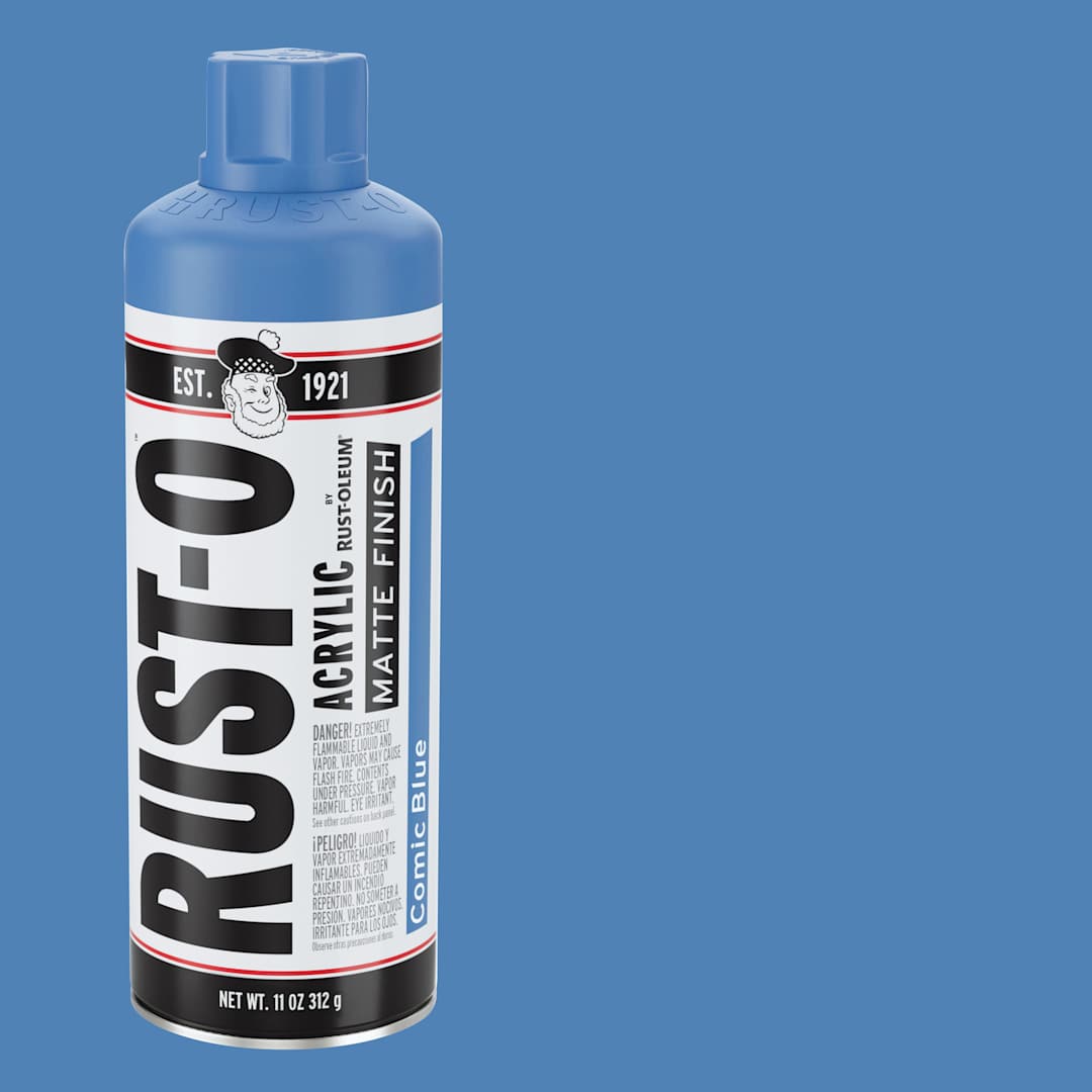Open in modal - Rust-Oleum Rust-O Artist Acrylic Spray Paint - Comic Blue, Can and Swatch