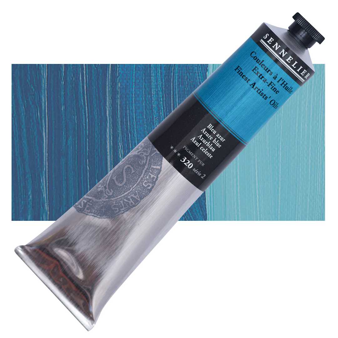 Open in modal - Sennelier Artists' Extra Fine Oil Paint - Azure Blue, 200 ml tube and swatch