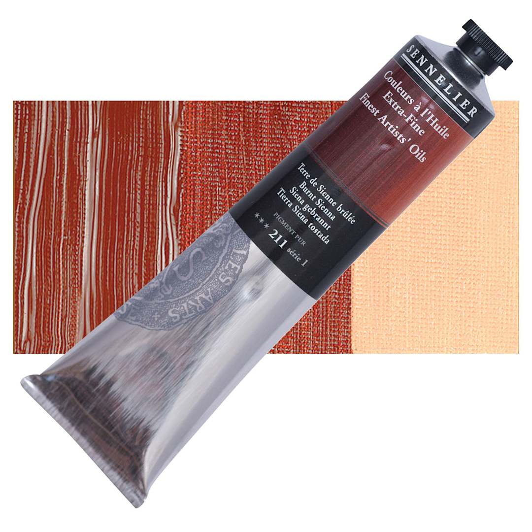 Open in modal - Sennelier Artists' Extra Fine Oil Paint - Burnt Sienna, 200 ml tube and swatch