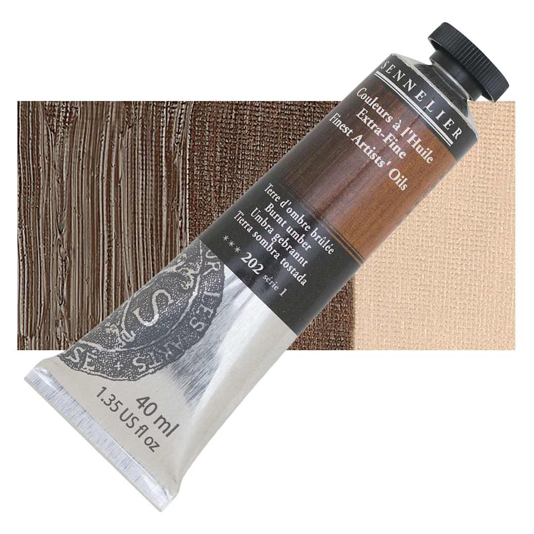 Open in modal - Sennelier Artists' Extra Fine Oil Paint - Burnt Umber, 40 ml tube and swatch