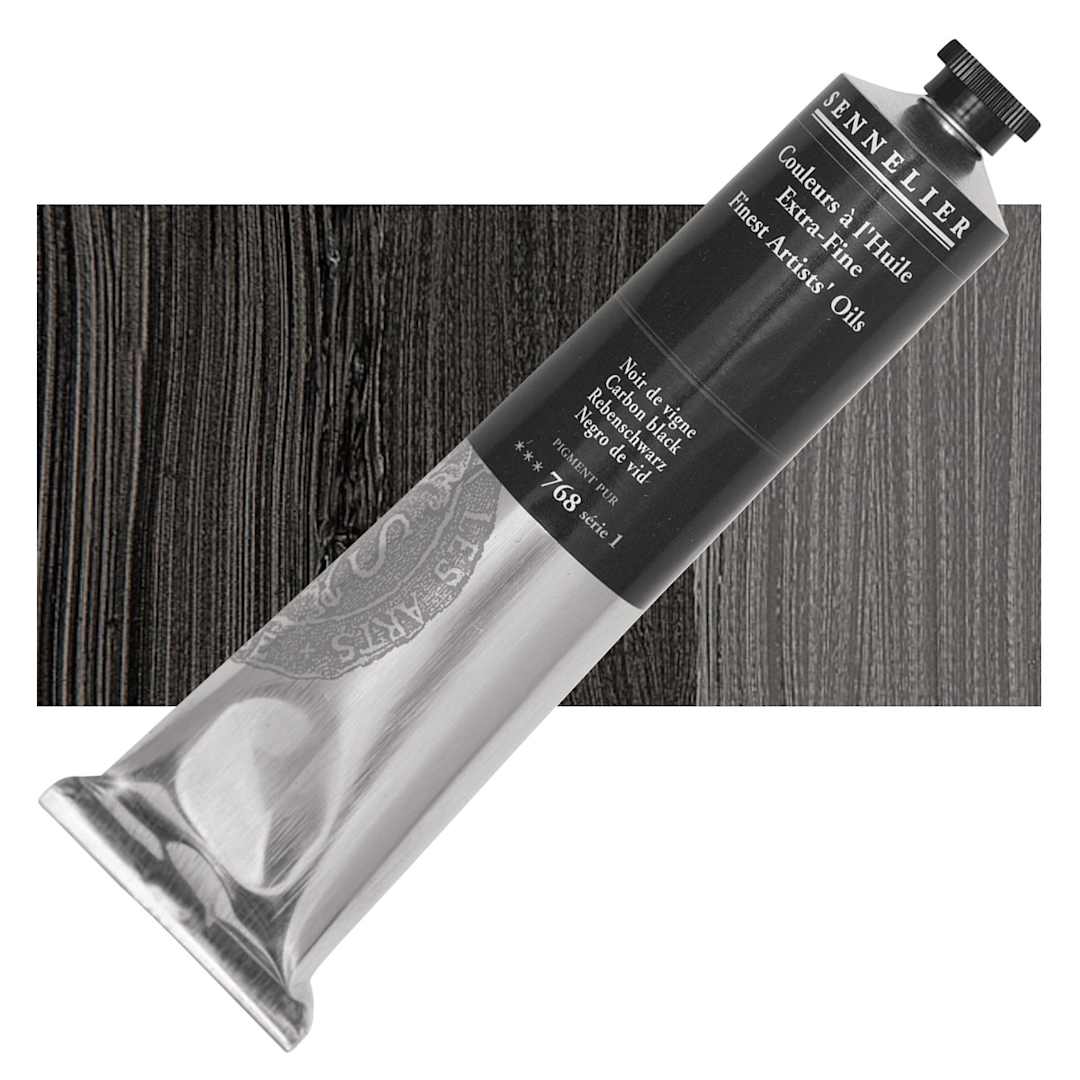 Open in modal - Sennelier Artists' Extra Fine Oil Paint - Carbon Black, 200 ml tube and swatch