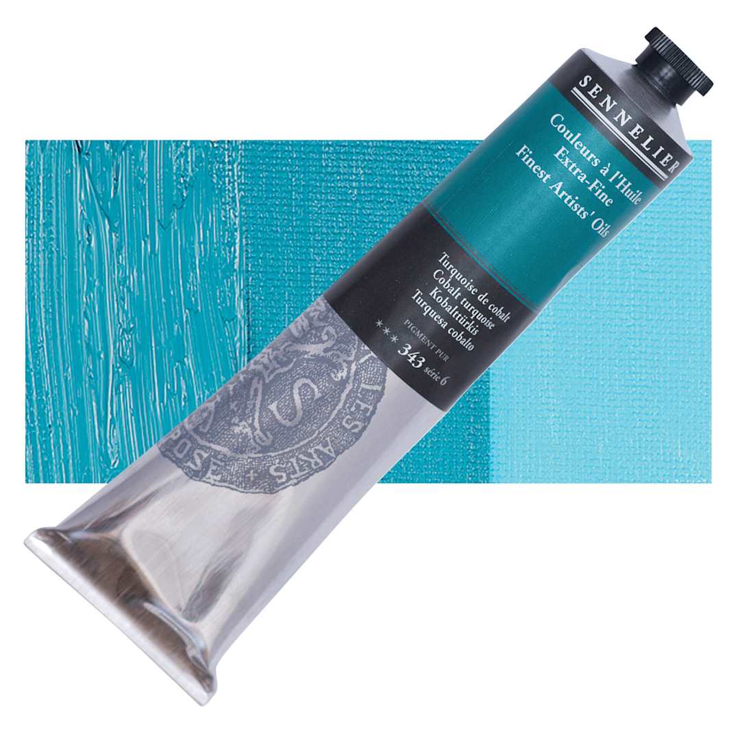 Open in modal - Sennelier Artists' Extra Fine Oil Paint - Cobalt Turquoise, 200 ml tube and swatch