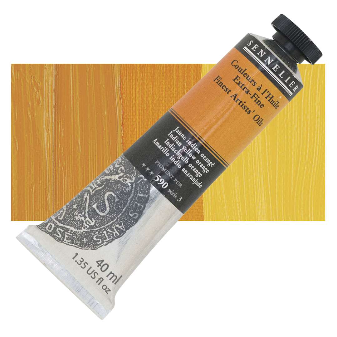 Open in modal - Sennelier Artists' Extra Fine Oil Paint - Indian Yellow Orange, 40 ml tube and swatch