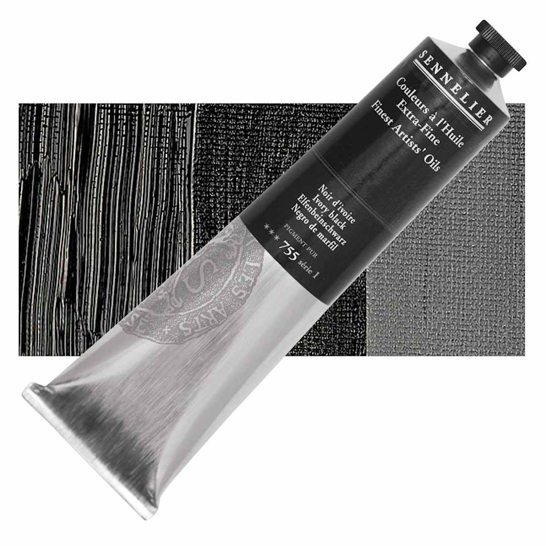 Open in modal - Sennelier Artists' Extra Fine Oil Paint - Ivory Black, 200 ml tube and swatch
