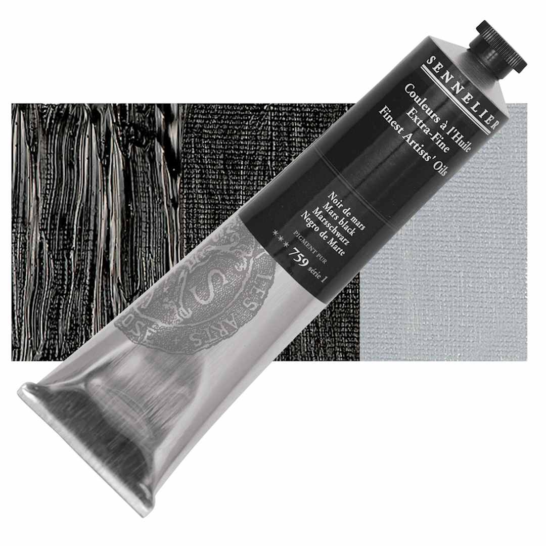 Open in modal - Sennelier Artists' Extra Fine Oil Paint - Mars Black, 200 ml tube and swatch