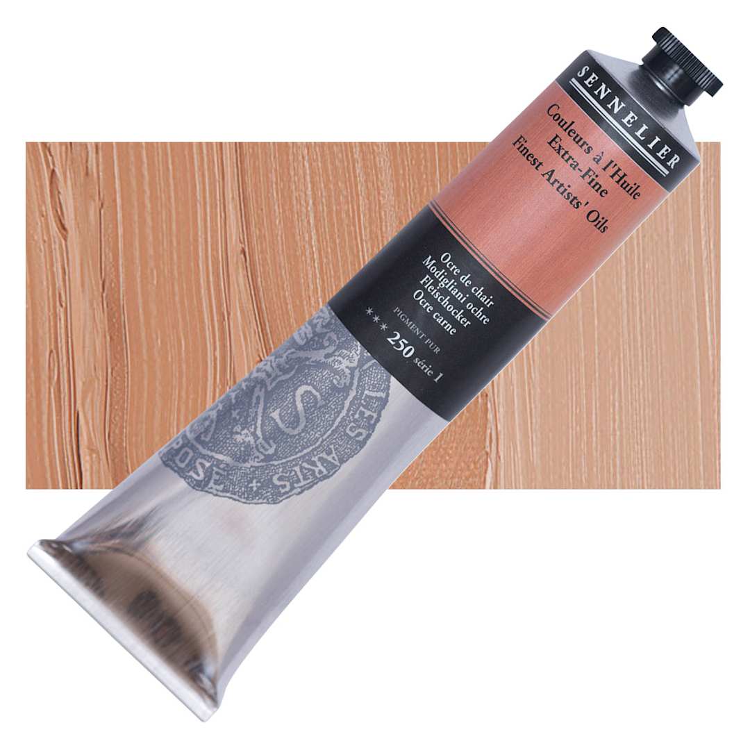 Open in modal - Sennelier Artists' Extra Fine Oil Paint - Modigliani Ochre, 200 ml tube and swatch