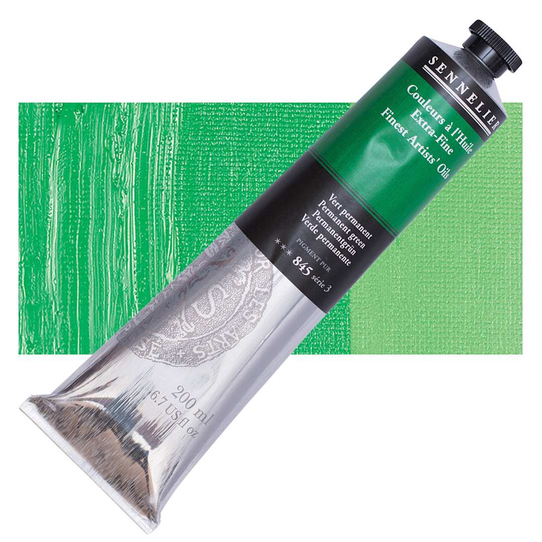 Open in modal - Sennelier Artists' Extra Fine Oil Paint - Permanent Green, 200 ml tube and swatch
