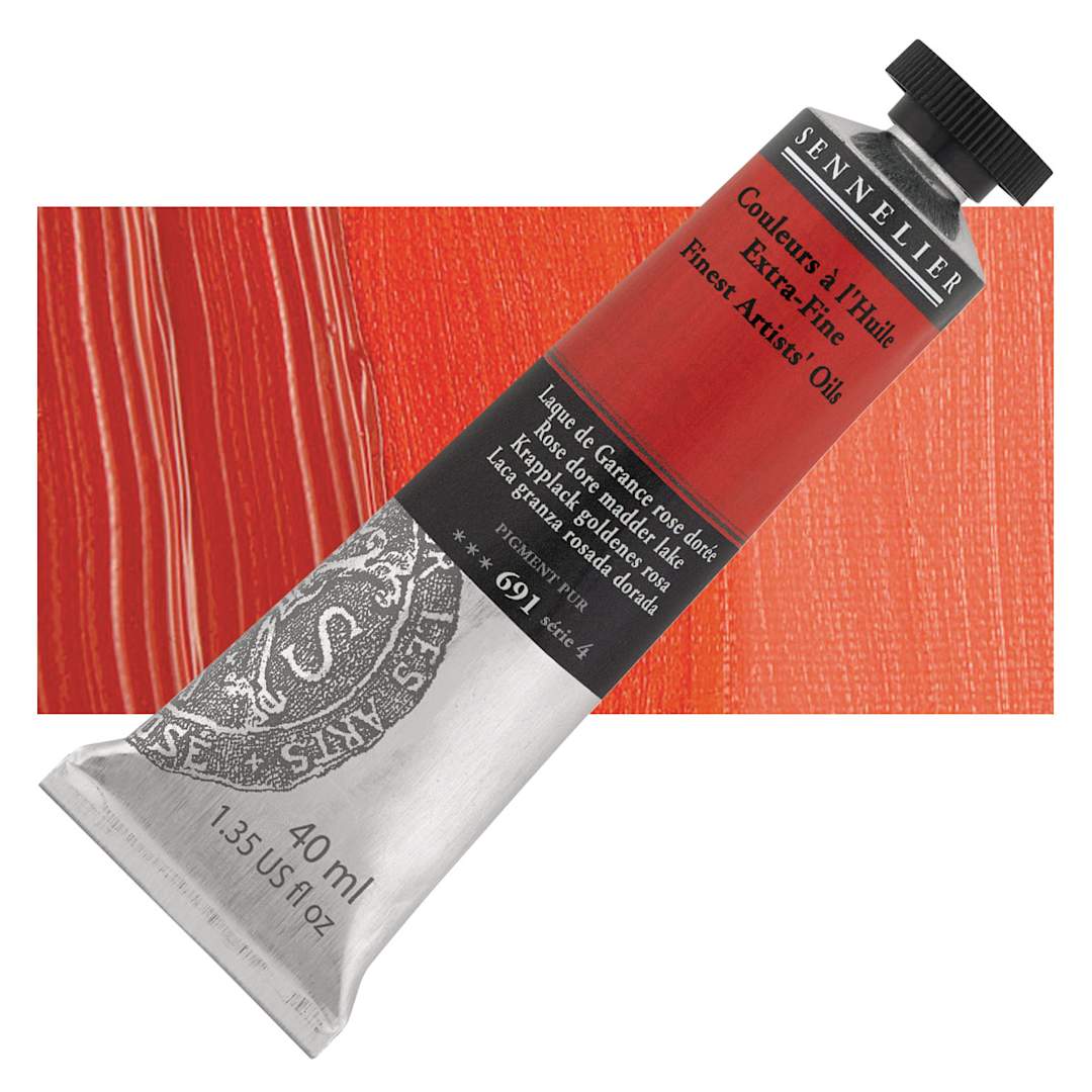 Open in modal - Sennelier Artists' Extra Fine Oil Paint - Rose Dore Madder Lake, 40 ml tube and swatch