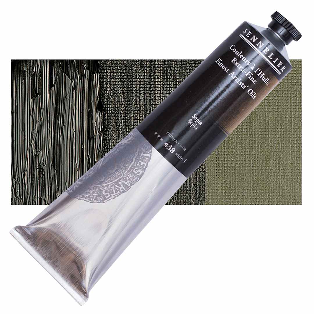 Open in modal - Sennelier Artists' Extra Fine Oil Paint - Sepia, 200 ml tube and swatch