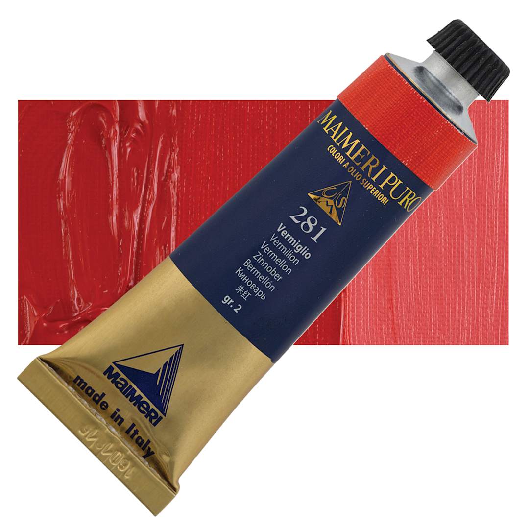 Open in modal - Maimeri Puro Oil Color - Vermilion, 40 ml tube and swatch