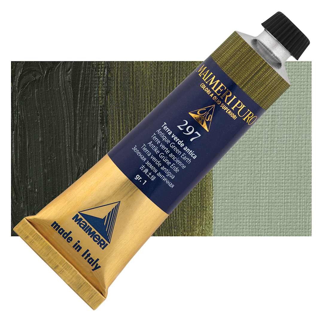 Open in modal - Maimeri Puro Oil Color - Antique Green Earth, 40 ml Tube and swatch