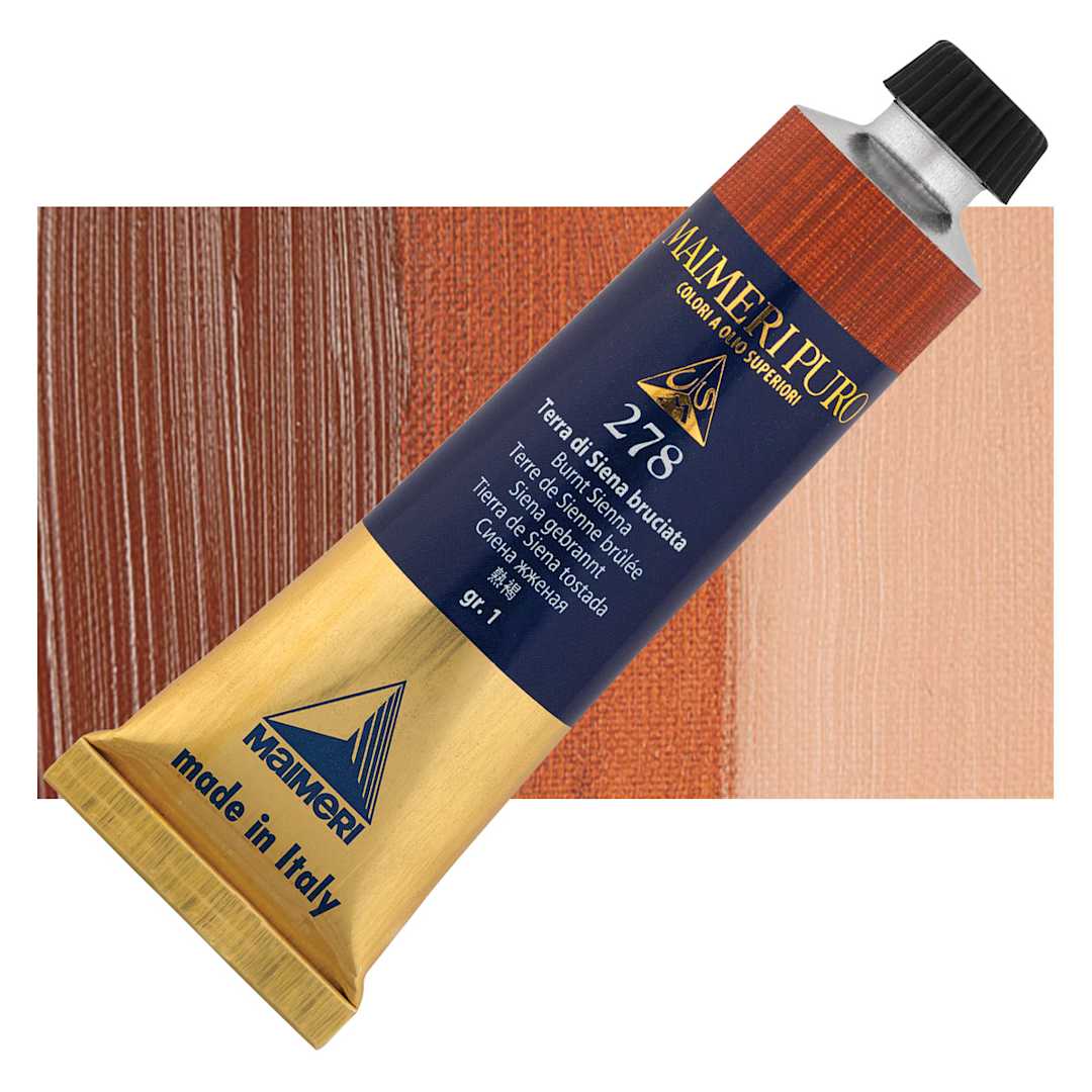 Open in modal - Maimeri Puro Oil Color - Burnt Sienna, 40 ml tube and swatch