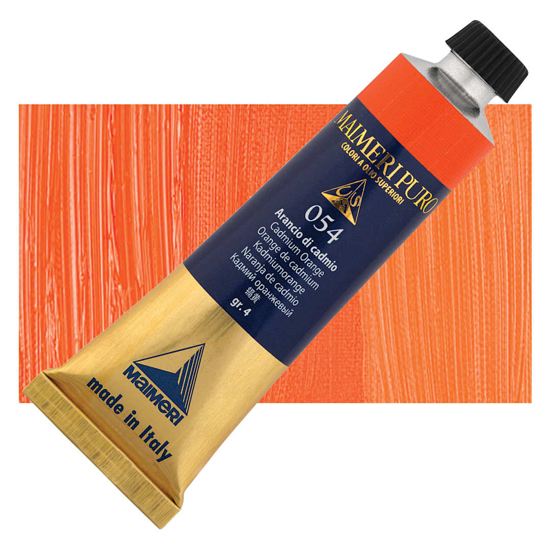 Open in modal - Maimeri Puro Oil Color - Cadmium Orange, 40 ml tube and swatch