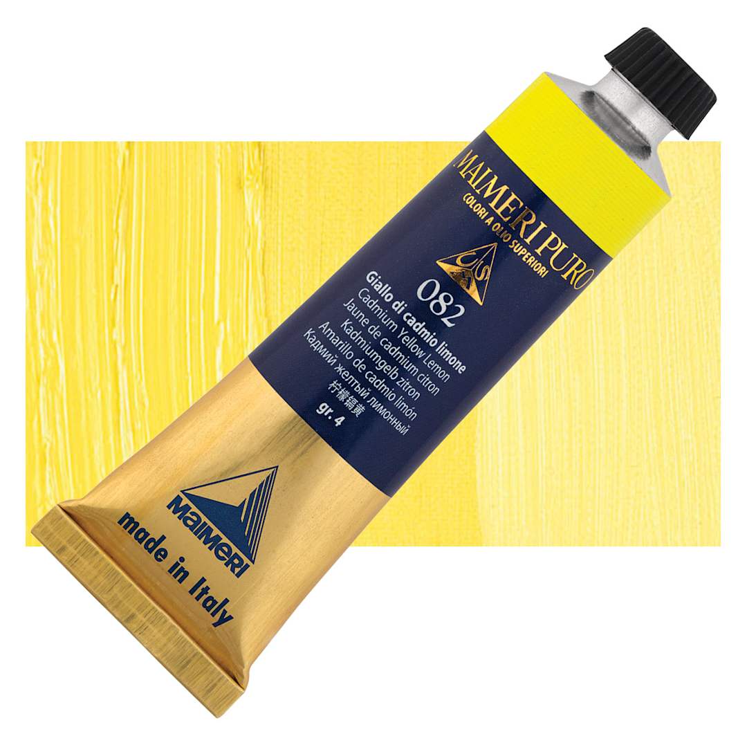Open in modal - Maimeri Puro Oil Color - Cadmium Yellow Lemon, 40 ml tube and swatch