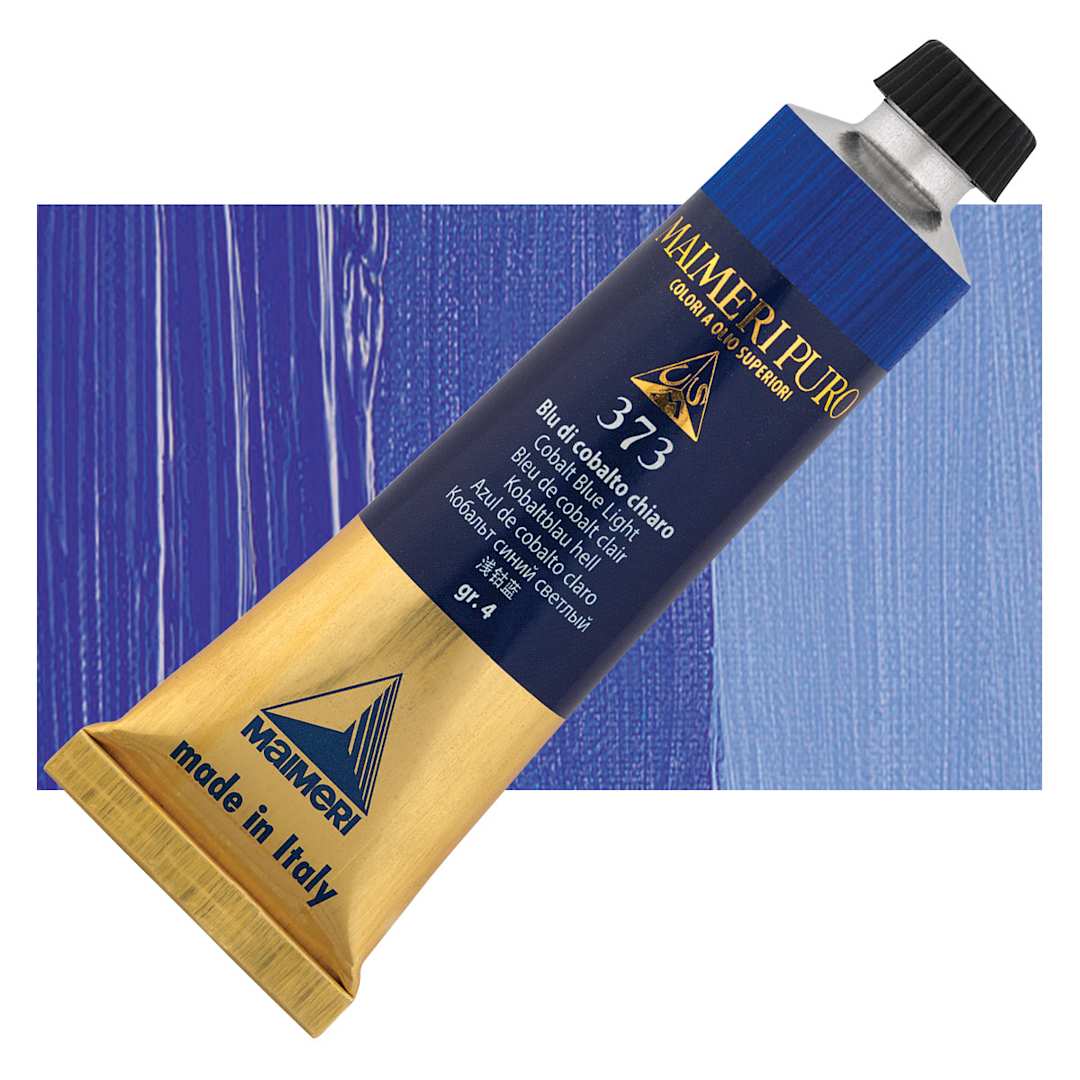 Open in modal - Maimeri Puro Oil Color - Cobalt Blue Light, 40 ml tube and swatch