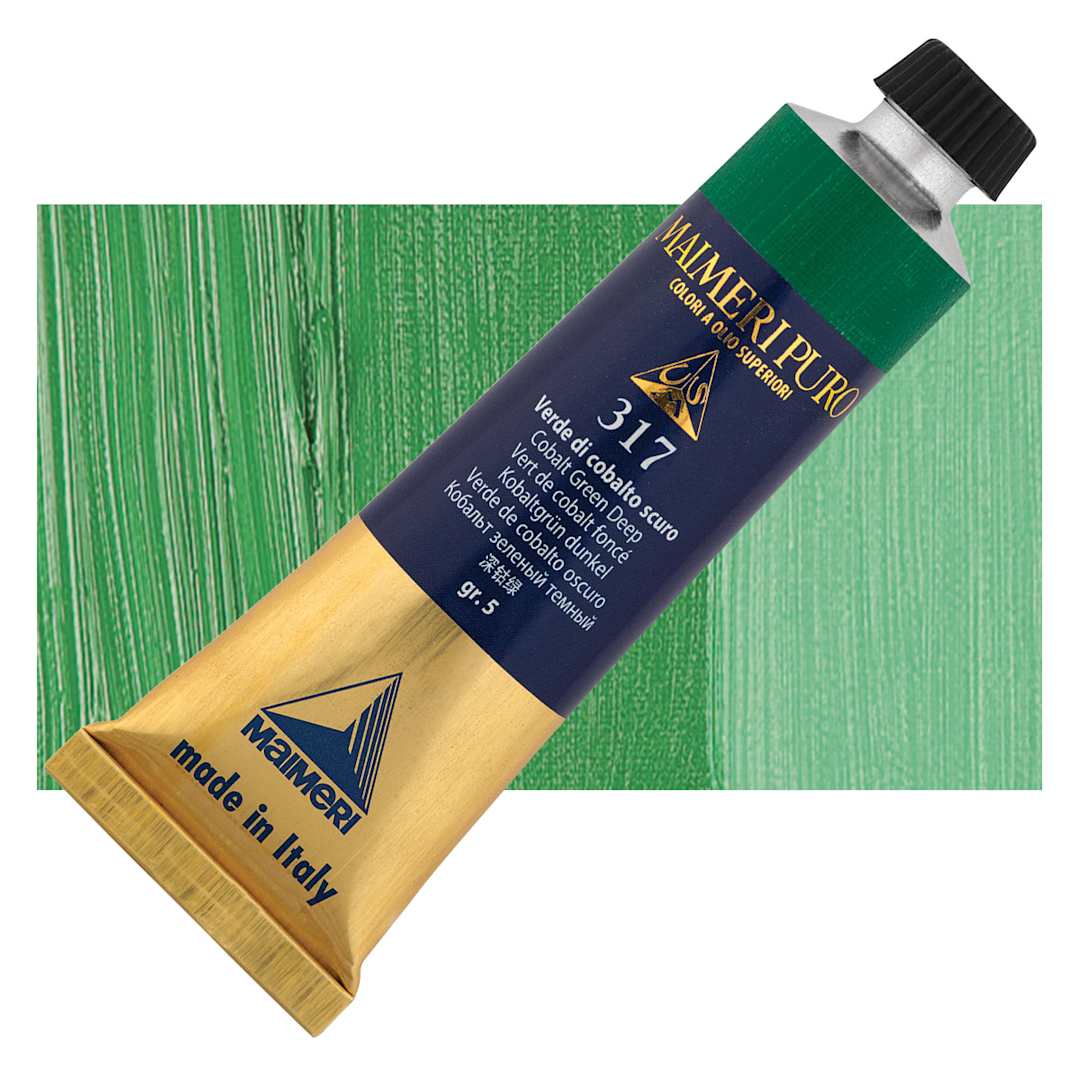 Open in modal - Maimeri Puro Oil Color - Cobalt Green Deep, 40 ml tube and swatch