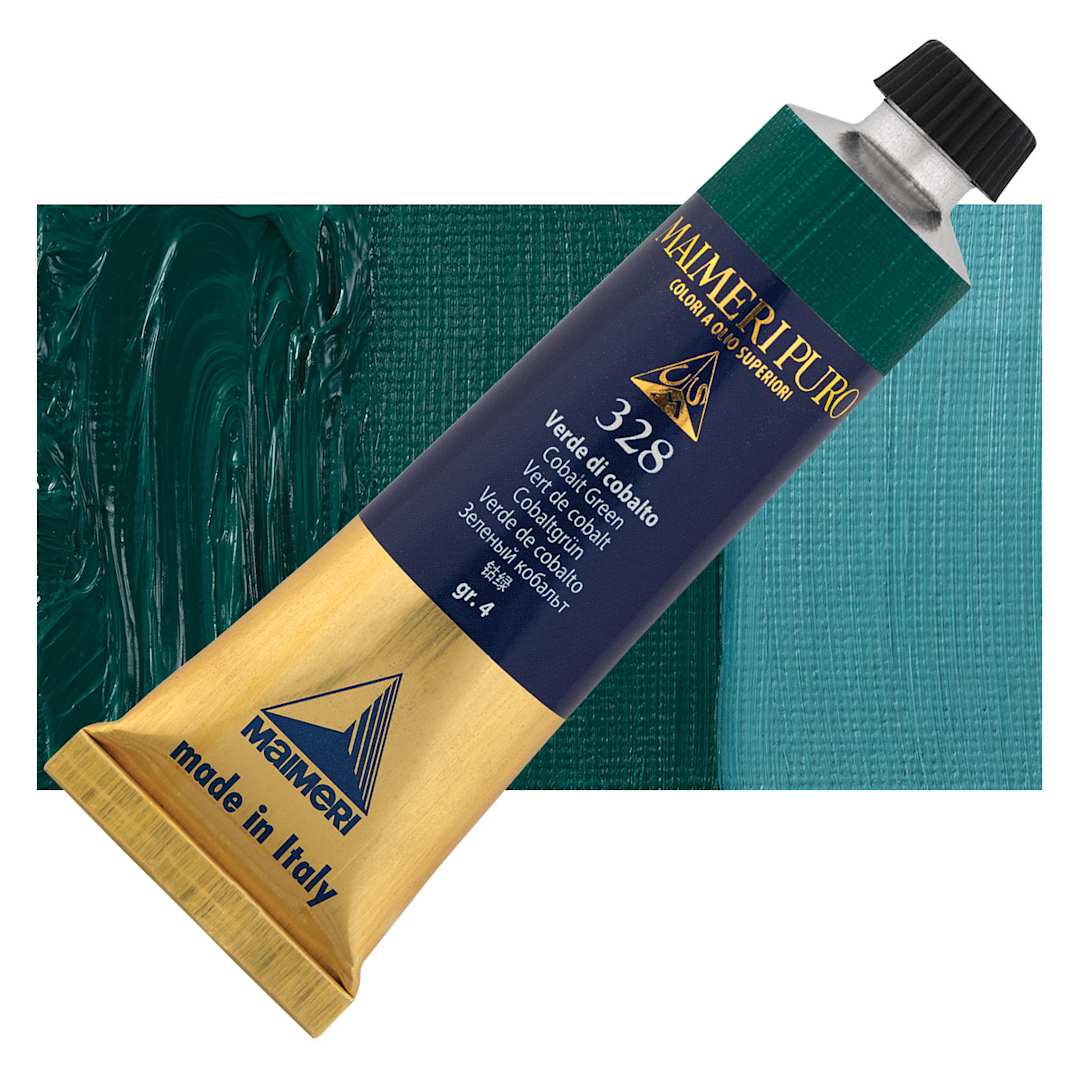 Open in modal - Maimeri Puro Oil Color - Cobalt Green, 40 ml Tube and swatch