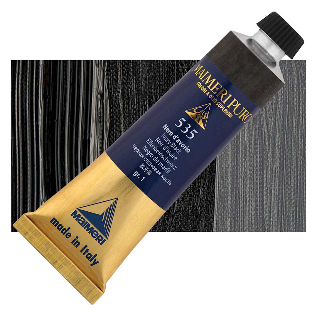 Open in modal - Maimeri Puro Oil Color - Ivory Black, 40 ml tube and swatch