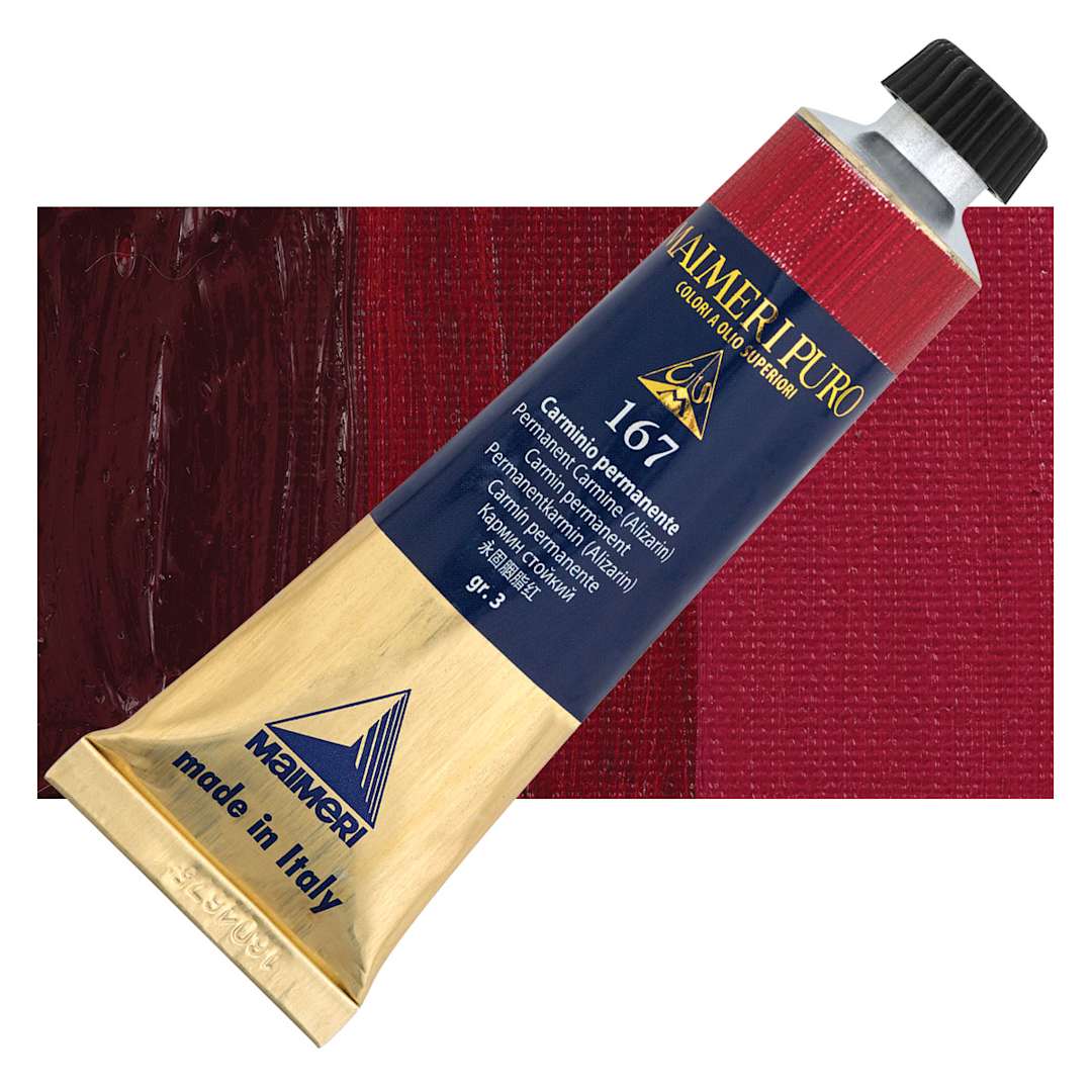 Open in modal - Maimeri Puro Oil Color - Permanent Carmine Alizarin, 40 ml Tube and swatch