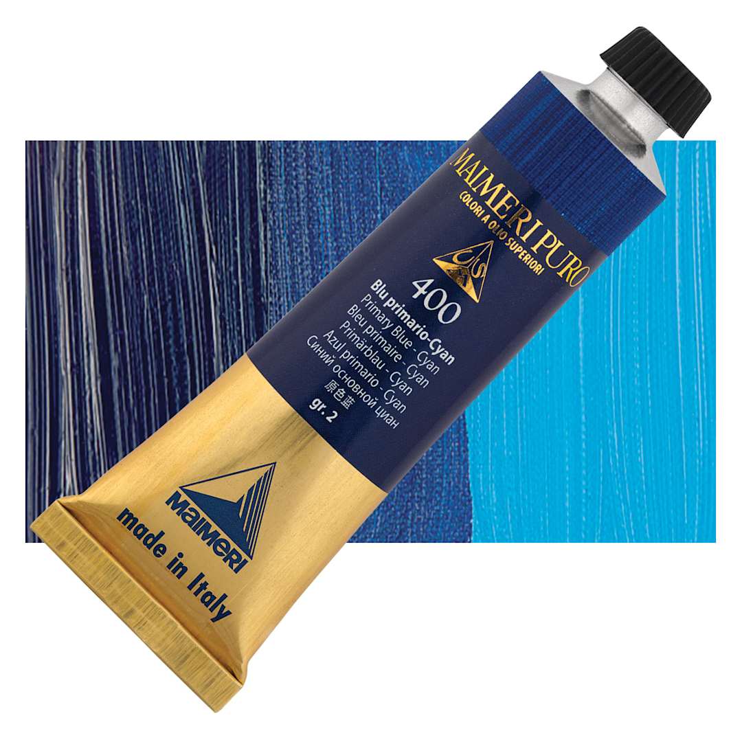 Open in modal - Maimeri Puro Oil Color - Primary Blue - Cyan, 40 ml tube and swatch