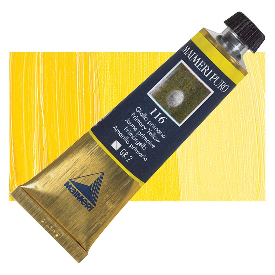 Open in modal - Maimeri Puro Oil Color - Primary Yellow, 40 ml tube and swatch