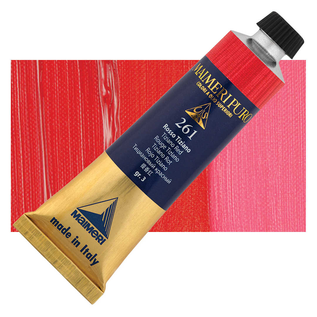 Open in modal - Maimeri Puro Oil Color - Tiziano Red, 40 ml tube and swatch