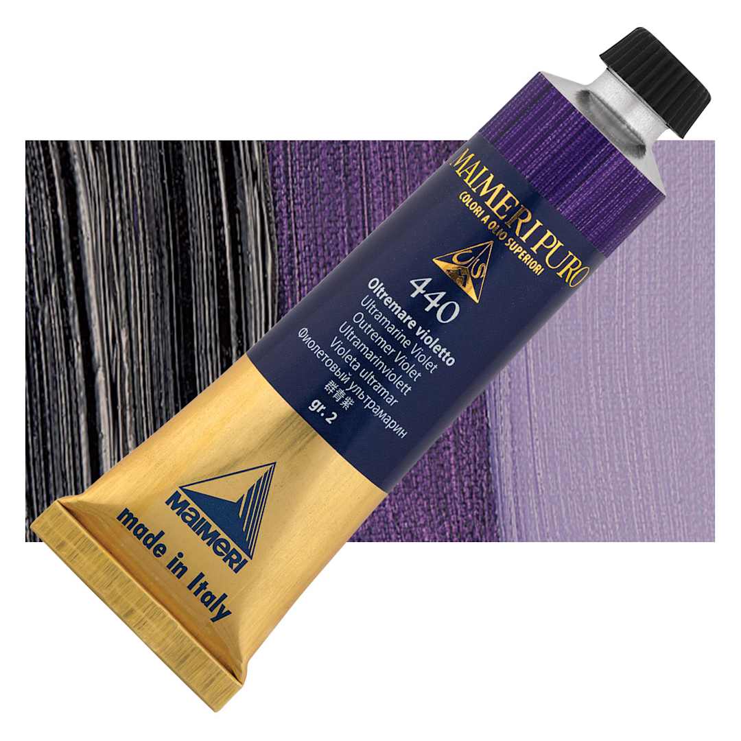 Open in modal - Maimeri Puro Oil Color - Ultramarine Violet, 40 ml tube and swatch