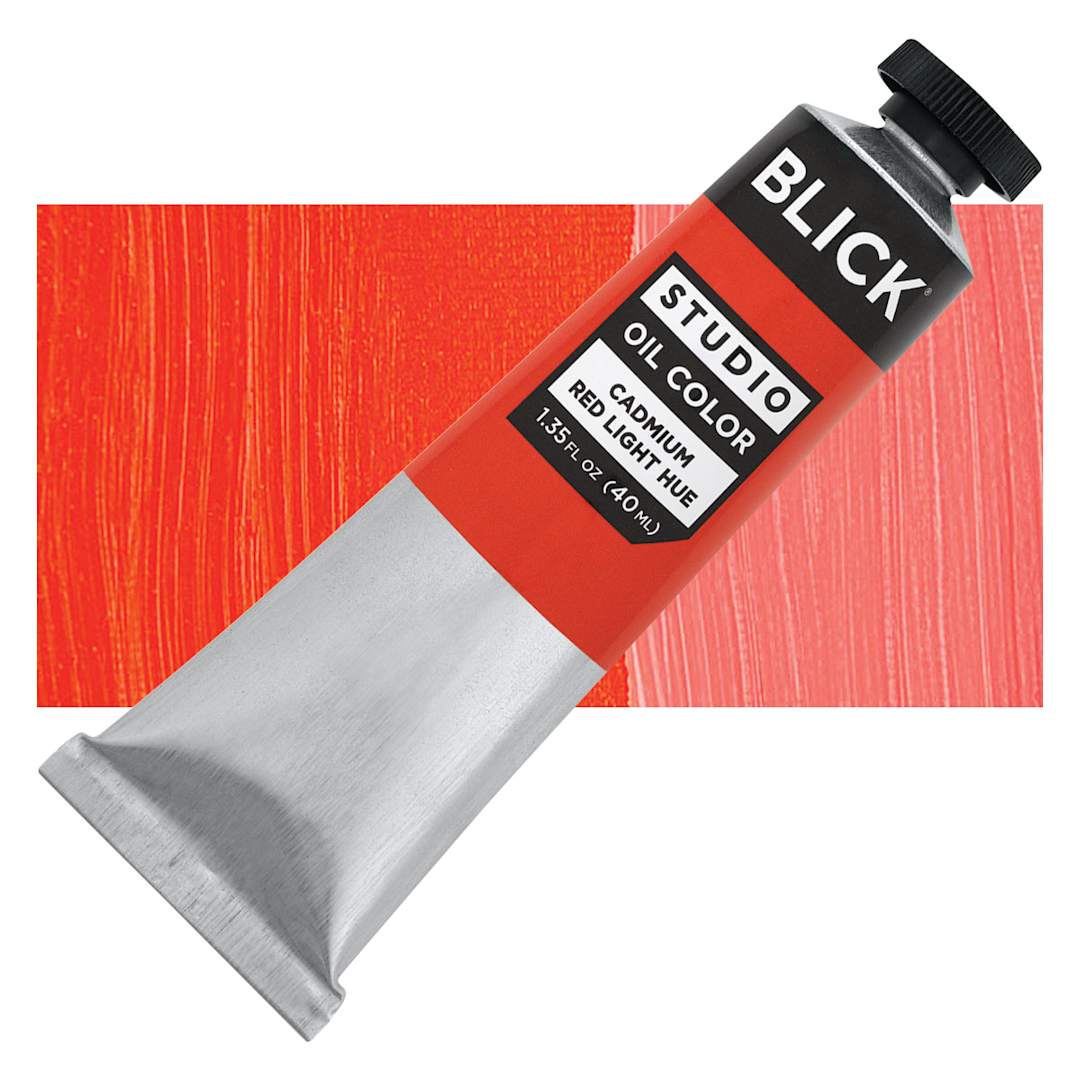Open in modal - Blick Studio Oil Paint - Cadmium Red Light Hue, 40 ml tube and swatch