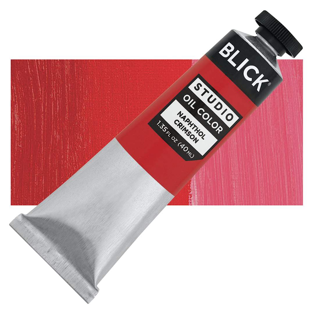 Open in modal - Blick Studio Oil Paint - Naphthol Crimson, 40 ml tube and swatch