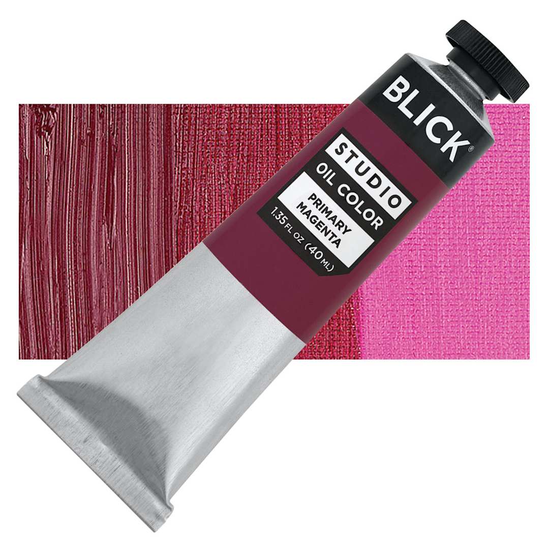 Open in modal - Blick Studio Oil Paint - Primary Magenta, 40 ml tube and swatch