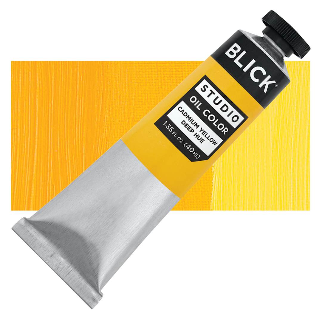 Open in modal - Blick Studio Oil Paint - Cadmium Yellow Deep Hue, 40 ml tube and swatch