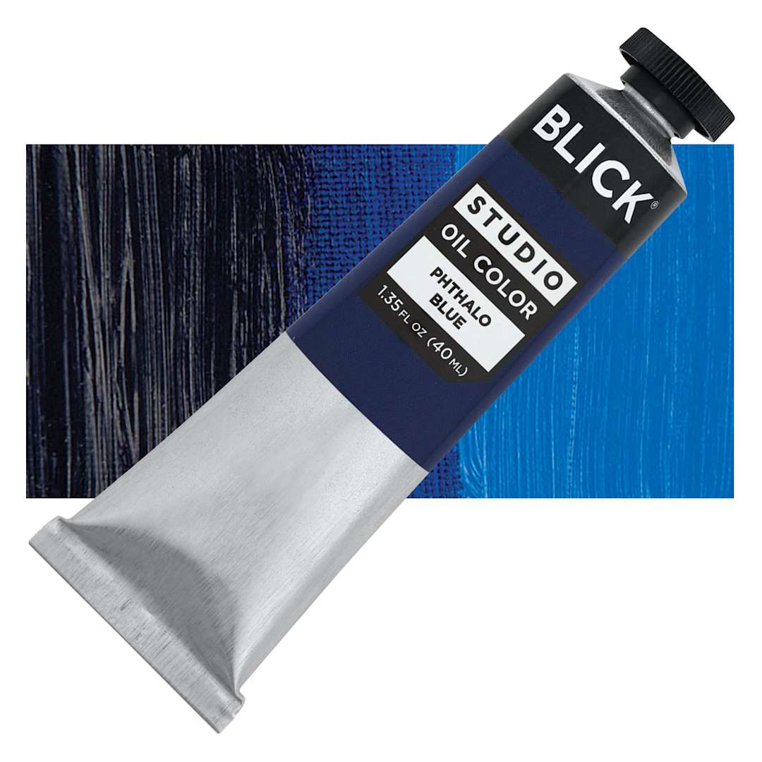 Open in modal - Blick Studio Oil Paint - Phthalo Blue, 40 ml tube and swatch