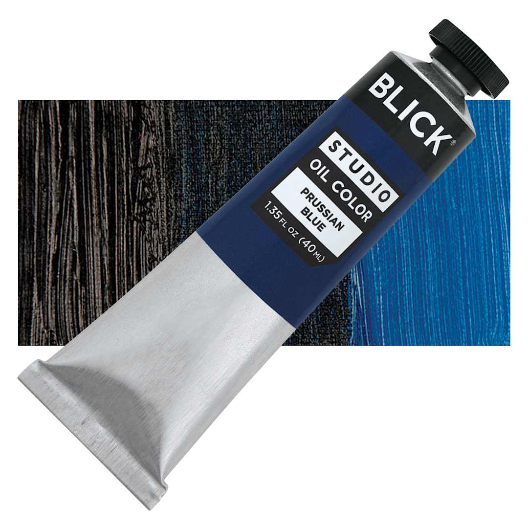 Open in modal - Blick Studio Oil Paint - Prussian Blue, 40 ml tube and swatch