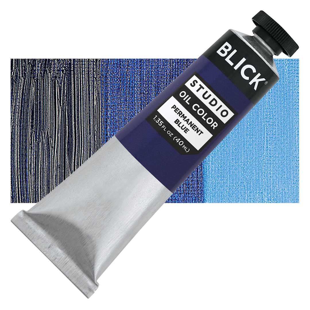 Open in modal - Blick Studio Oil Paint - Permanent Blue, 40 ml tube and swatch