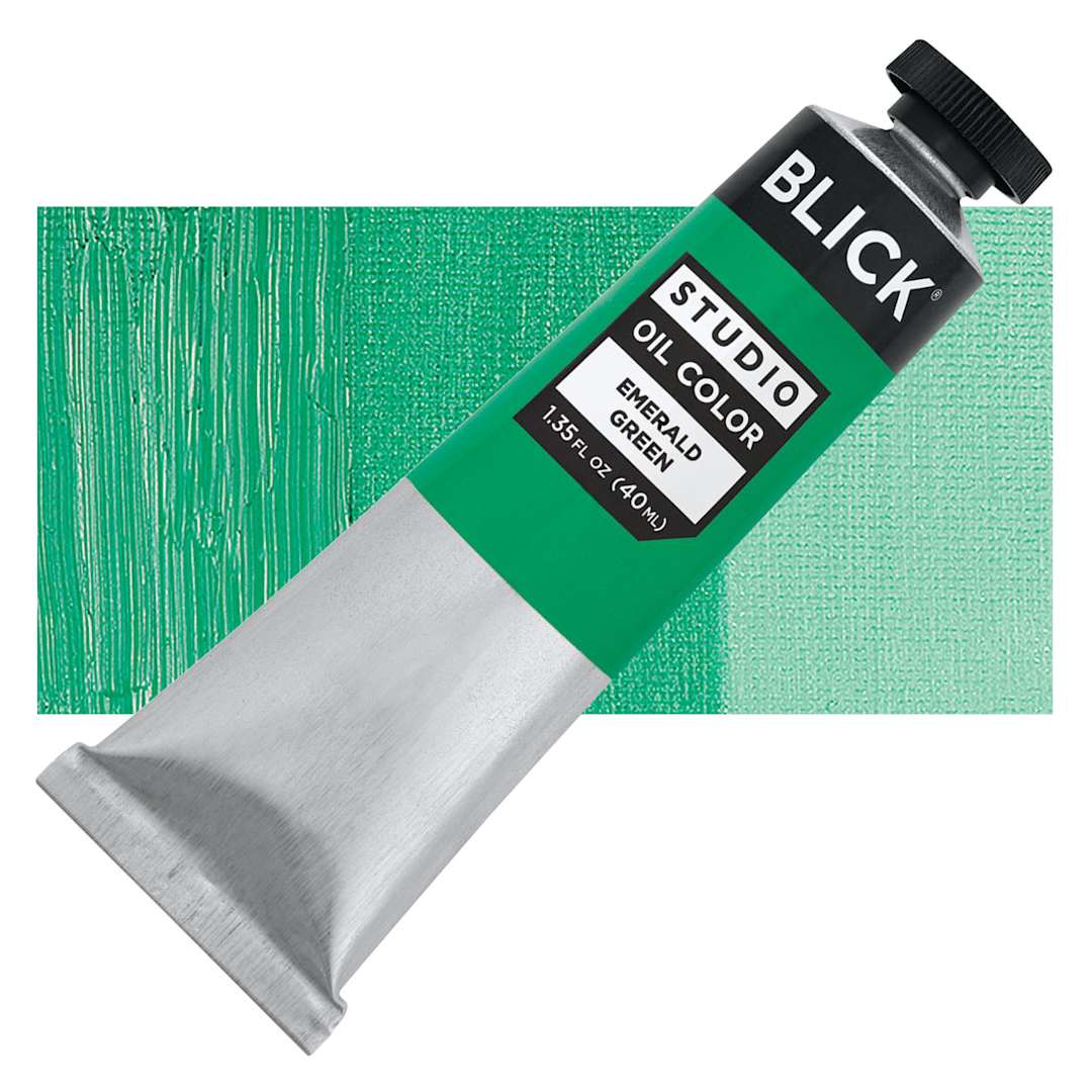 Open in modal - Blick Studio Oil Paint - Emerald Green Hue, 40 ml tube and swatch