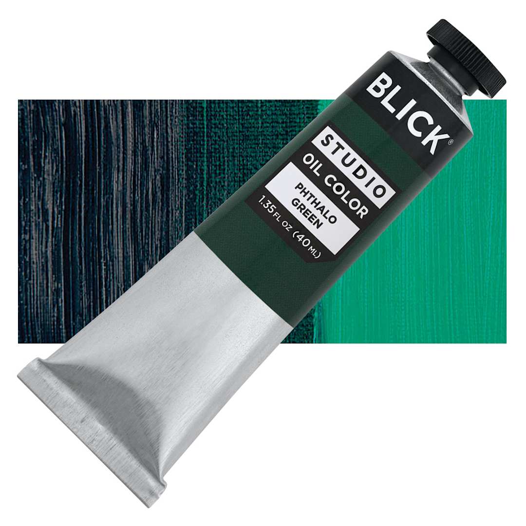 Open in modal - Blick Studio Oil Paint - Phthalo Green, 40 ml tube and swatch