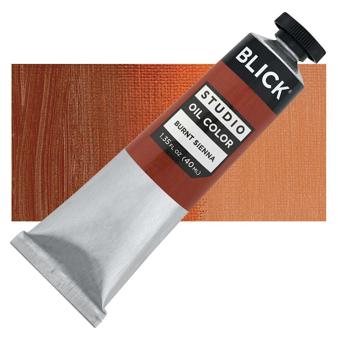 Open in modal - Blick Studio Oil Paint - Burnt Sienna, 40 ml tube and swatch
