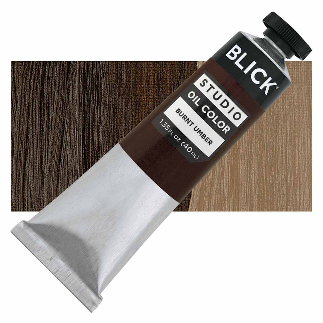 Open in modal - Blick Studio Oil Paint - Burnt Umber, 40 ml tube and swatch