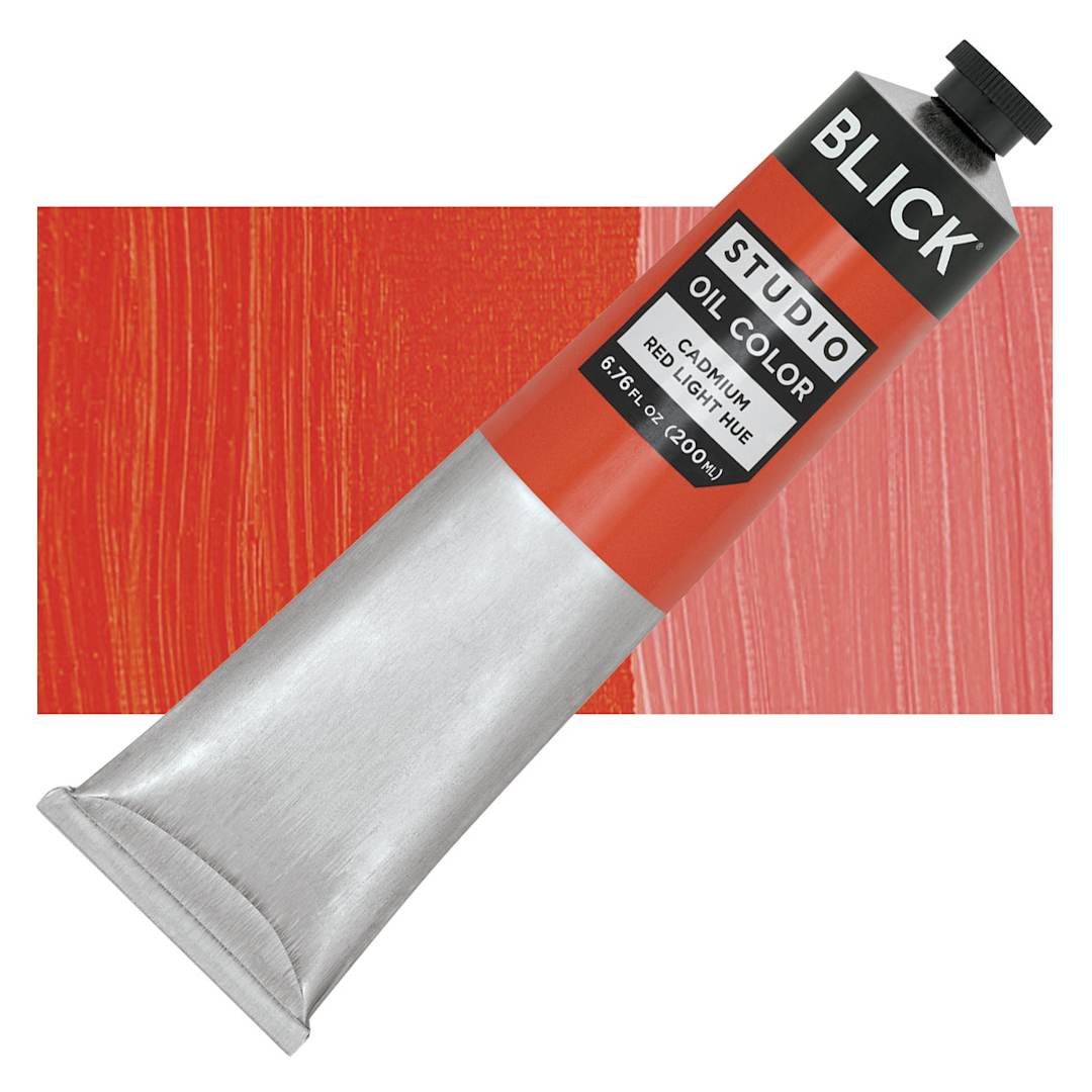 Open in modal - Blick Studio Oil Paint - Cadmium Red Light Hue, 200 ml tube and swatch