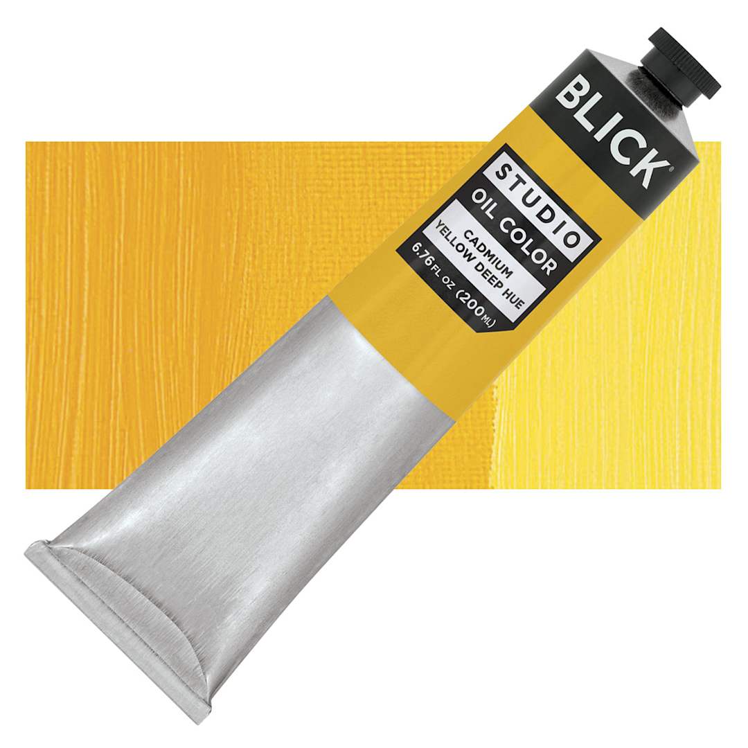 Open in modal - Blick Studio Oil Paint - Cadmium Yellow Deep Hue, 200 ml tube and swatch