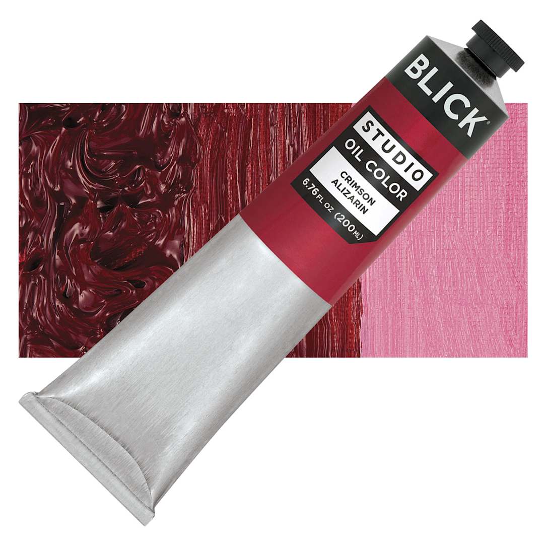Open in modal - Blick Studio Oil Paint - Crimson Alizarin, 200 ml tube and swatch