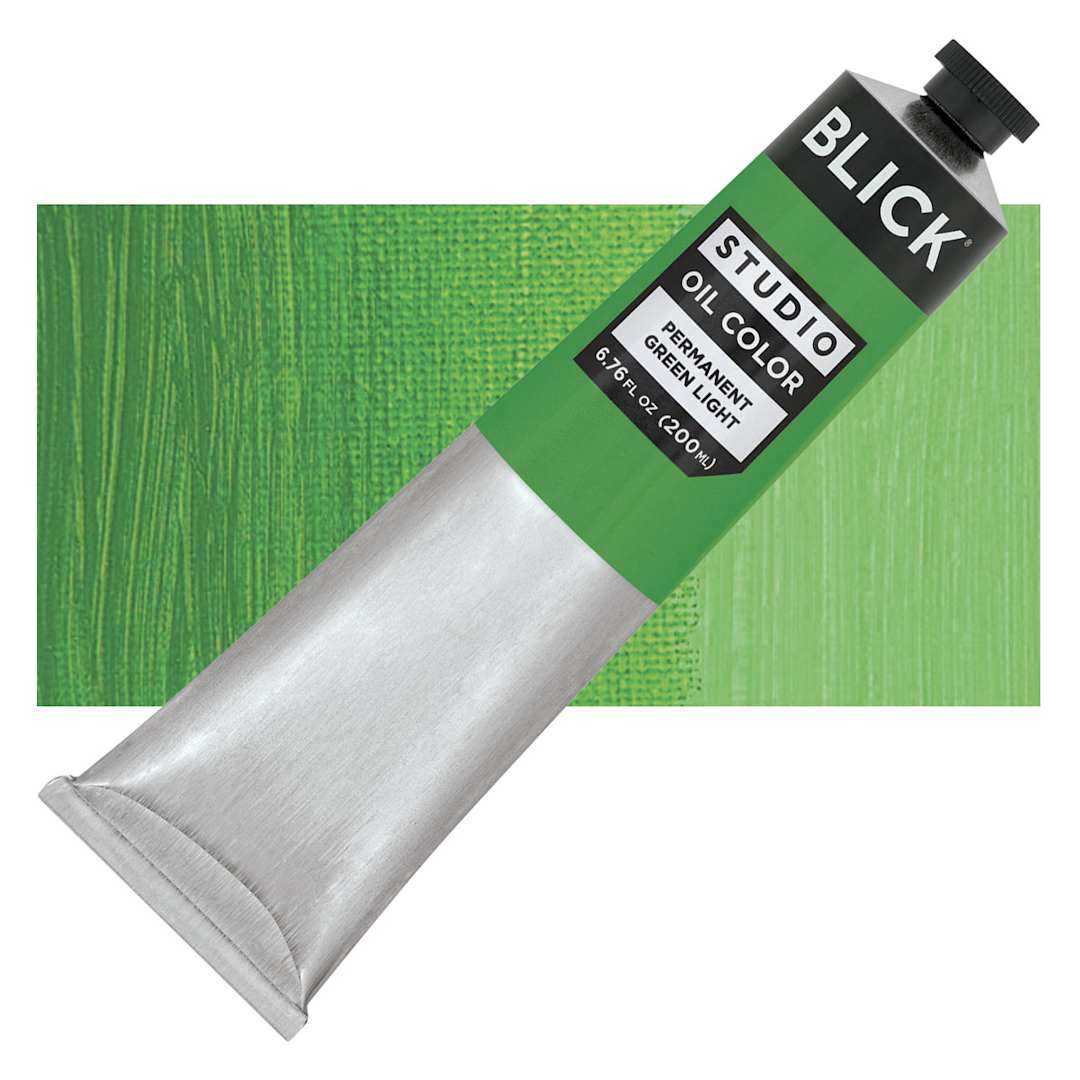 Open in modal - Blick Studio Oil Paint - Permanent Light Green, 200 ml tube and swatch